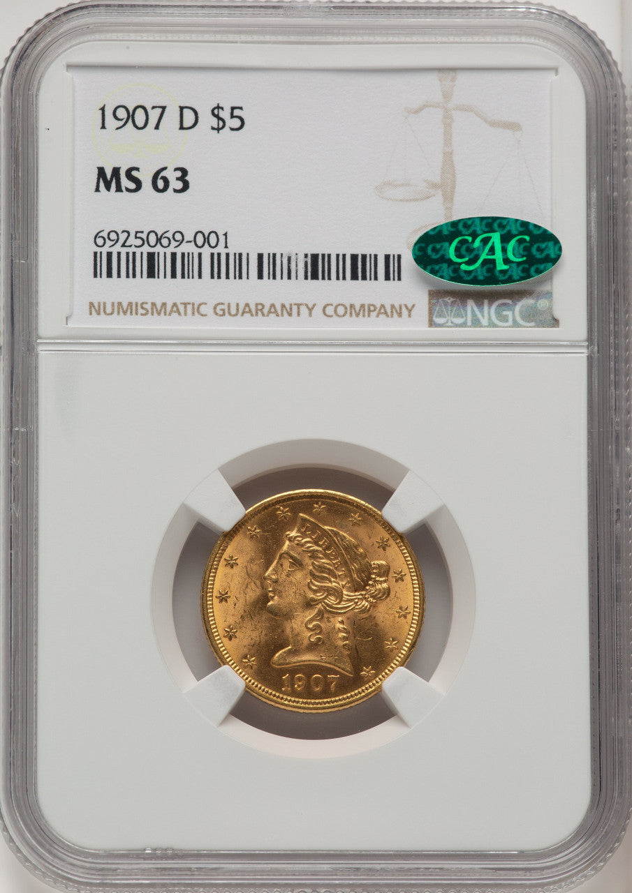 1907-D $5 CAC Liberty Half Eagle NGC MS63