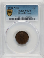 1922 No D Strong Reverse BN Lincoln Cent PCGS VF30 (507050014)