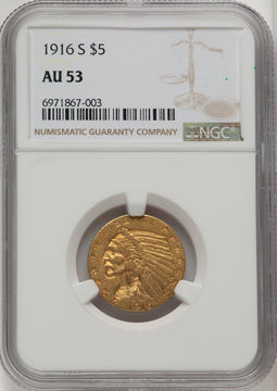 1916-S $5 Indian Half Eagle NGC AU53