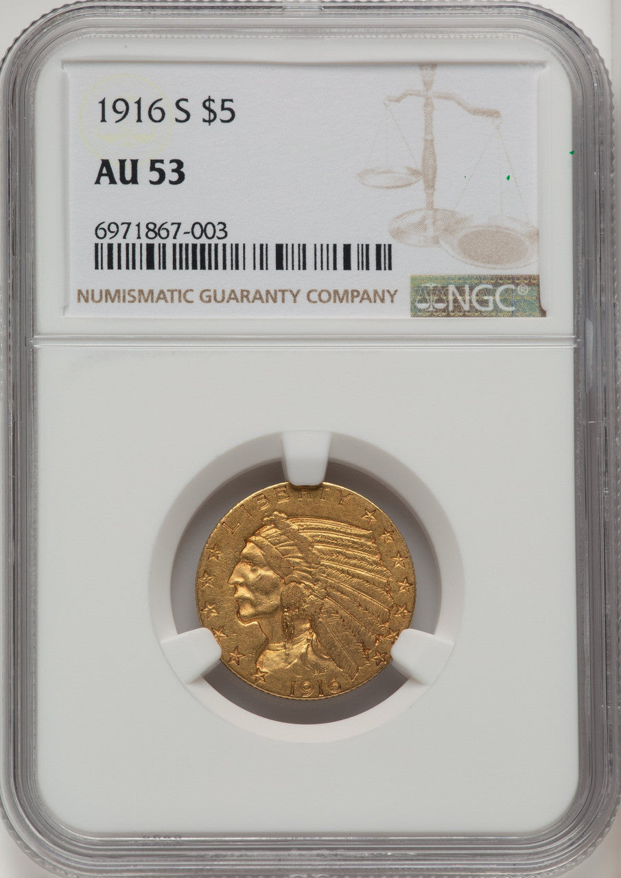1916-S $5 Indian Half Eagle NGC AU53