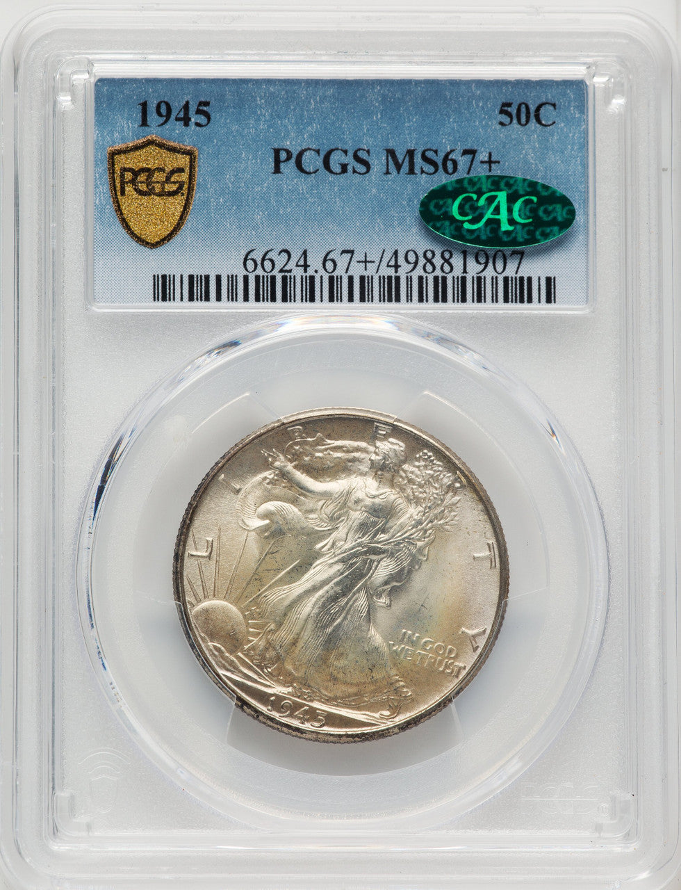1945 50C CAC Walking Liberty Half Dollar PCGS MS67+