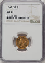 1862 $2.50 Liberty Quarter Eagle NGC MS61 (774226011)
