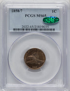 1858/7 1C Strong CAC Flying Eagle Cent PCGS MS65