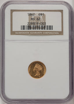 1862 G$1 Brown Label Gold Dollar NGC MS62
