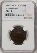1789 Mott Token Thin Planchet Plain Edge BN Colonials NGC MS61