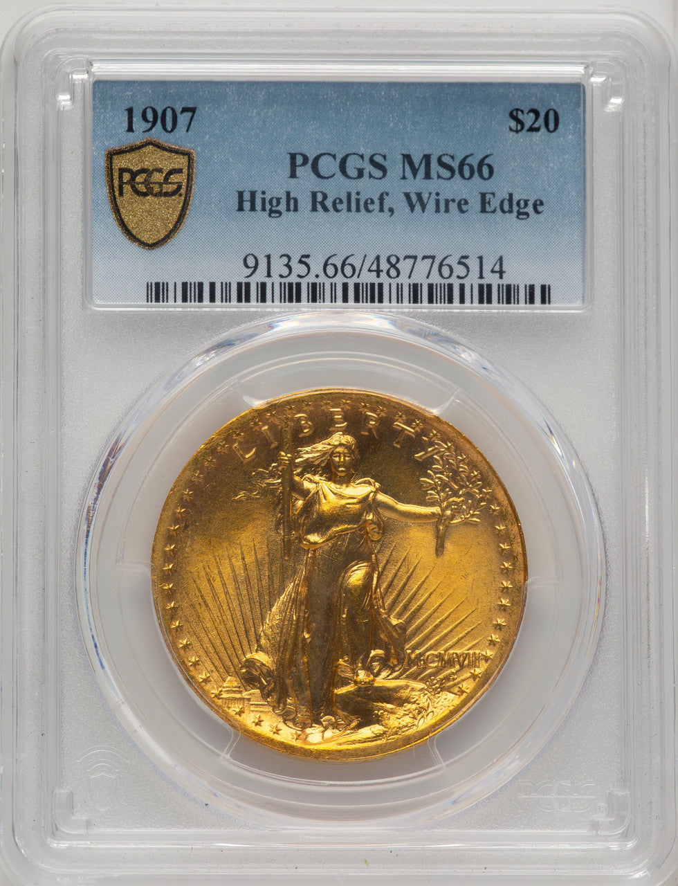 1907 $20 Wire Rim Blue Gradient High Relief Double Eagle PCGS MS66