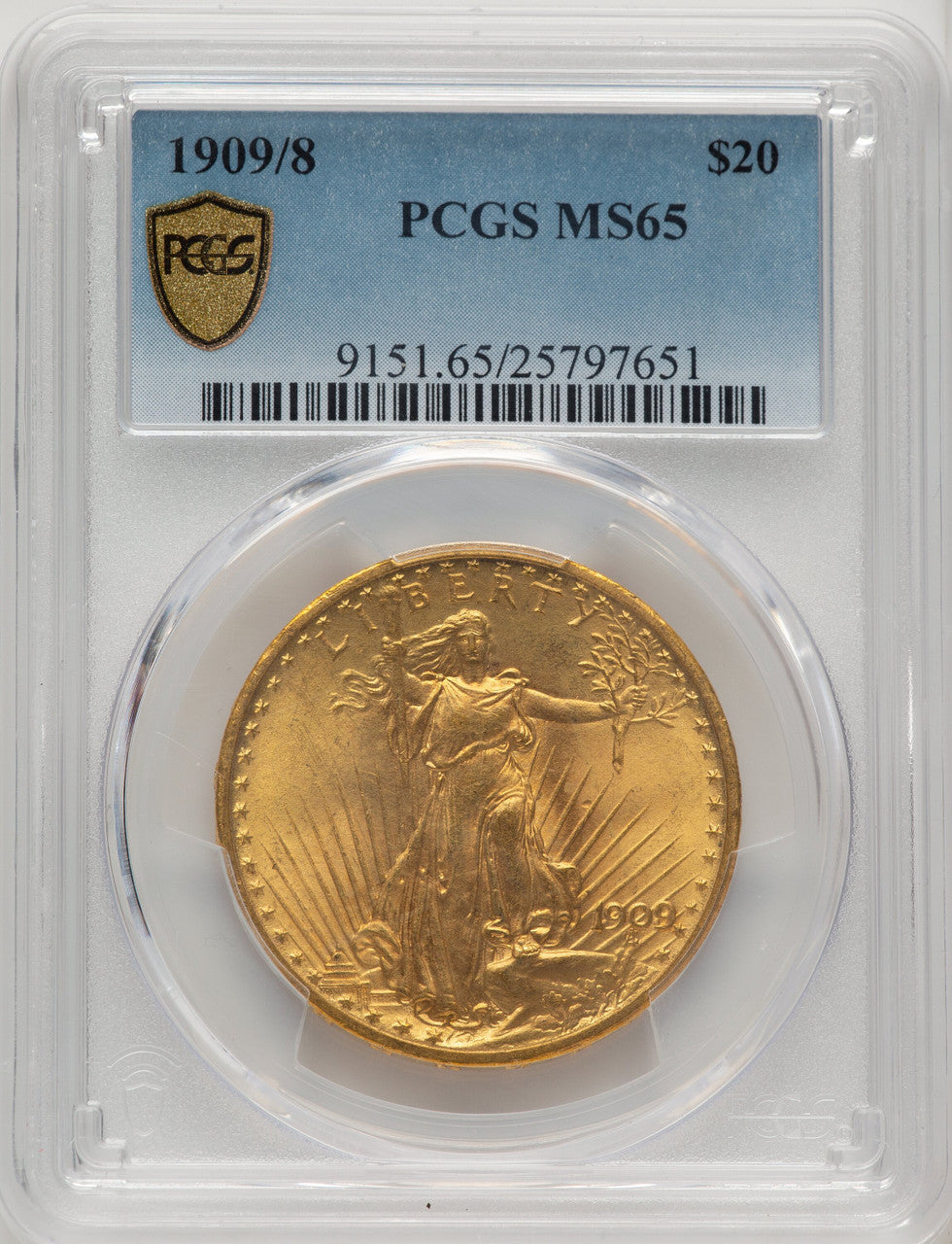 1909/8 $20 Blue Gradient Saint-Gaudens Double Eagle PCGS MS65