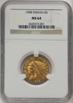 1908 $5 Indian Indian Half Eagle NGC MS64 (520445007)