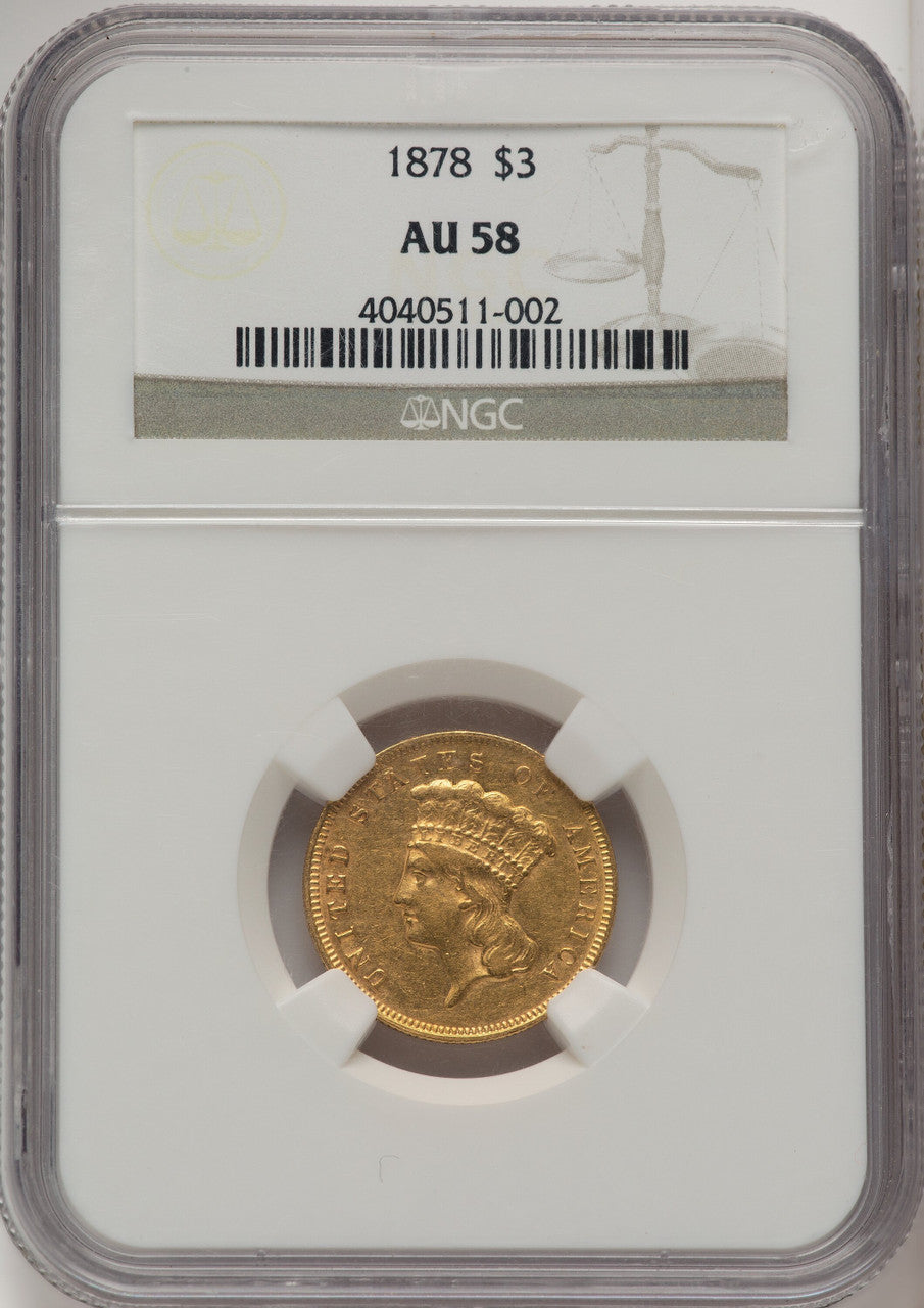 1878 $3 Three Dollar Gold Pieces NGC AU58 (774193138)
