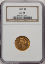 1860 $3 Three Dollar Gold Pieces NGC AU58