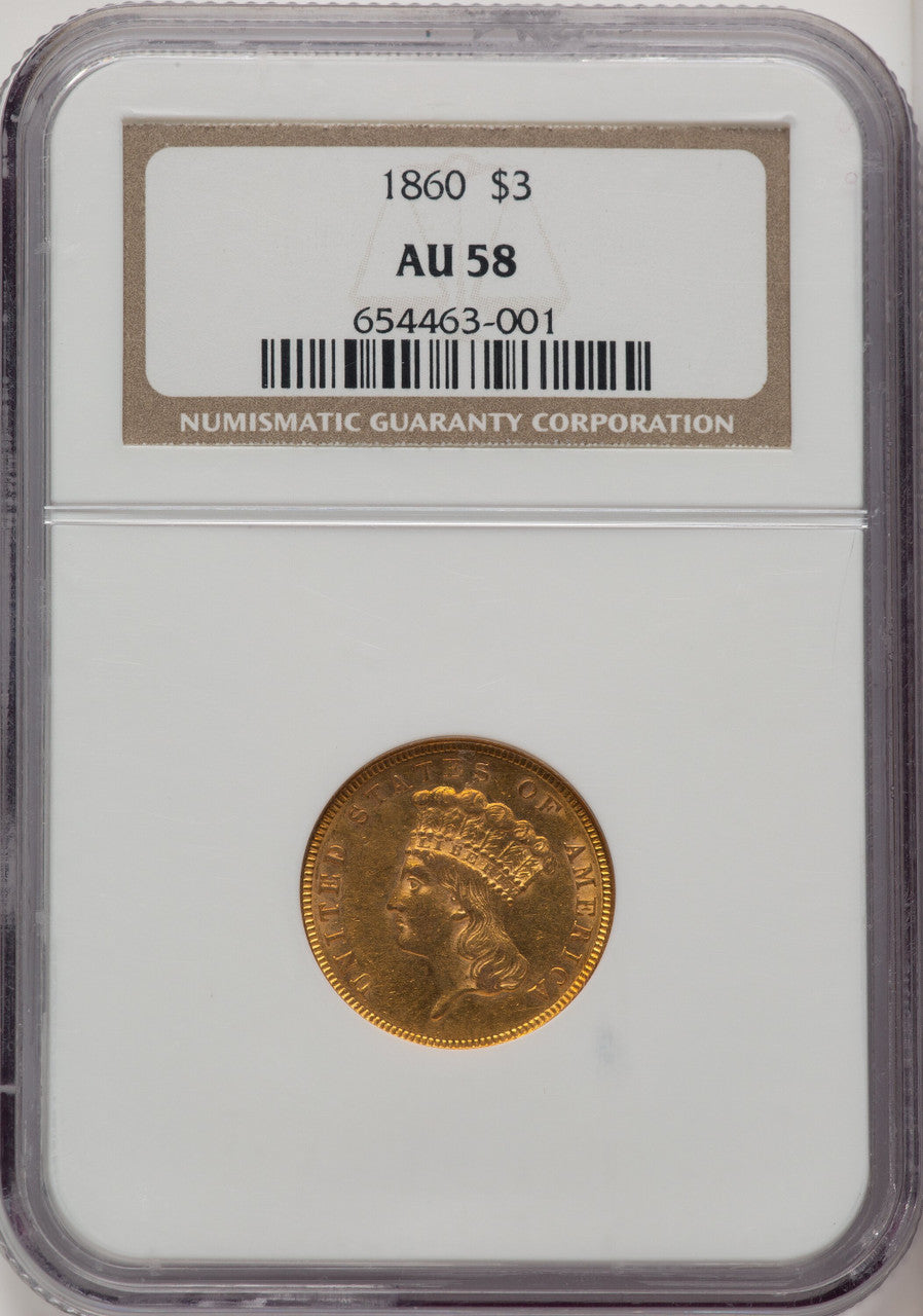 1860 $3 Three Dollar Gold Pieces NGC AU58