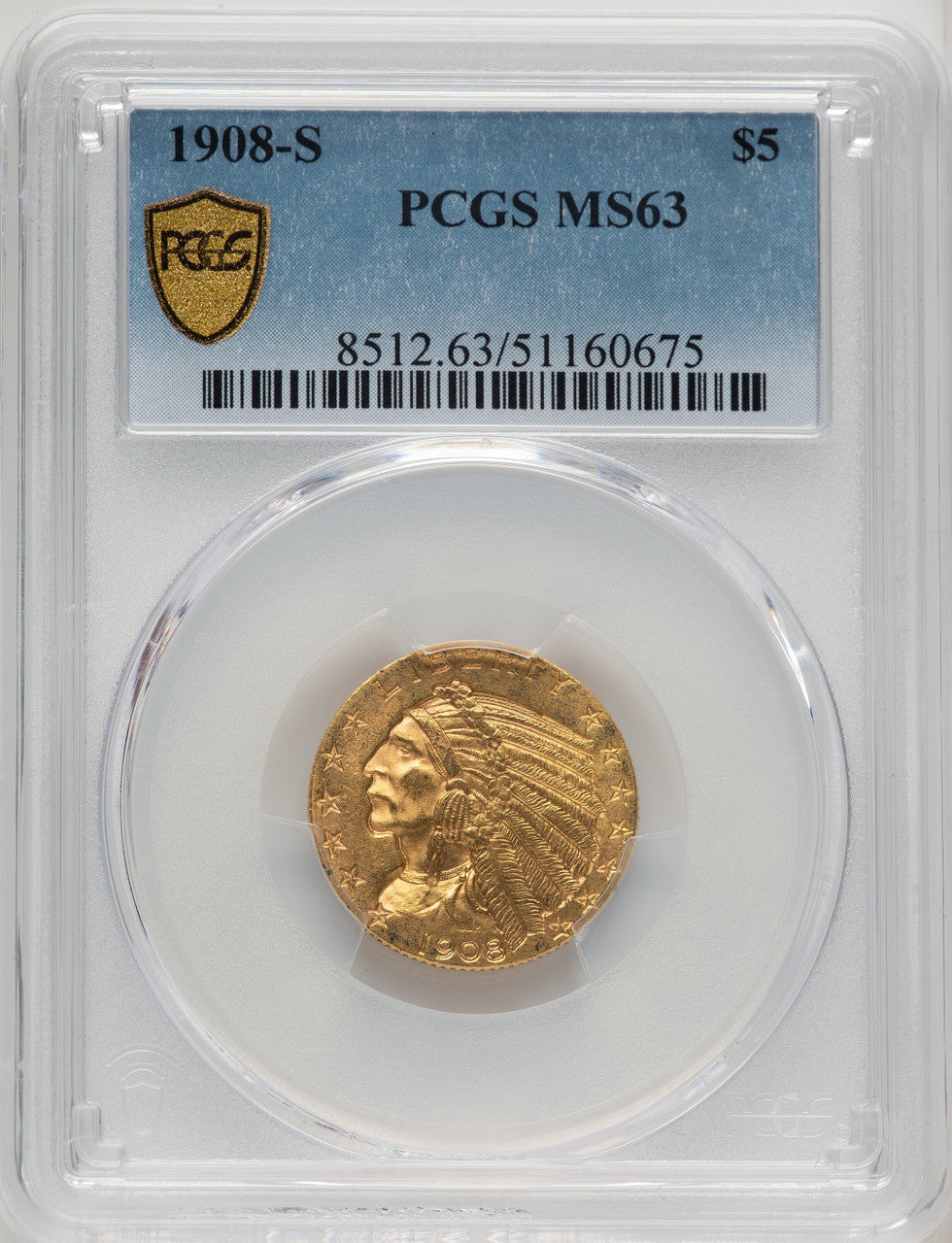 1908-S $5 Indian Half Eagle PCGS MS63