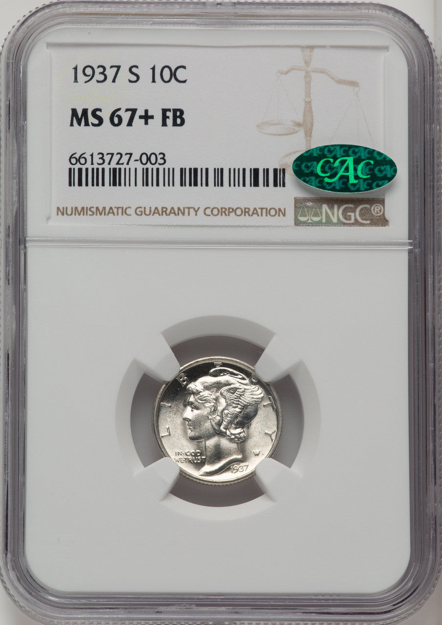 1937-S 10C FB CAC Mercury Dime NGC MS67+