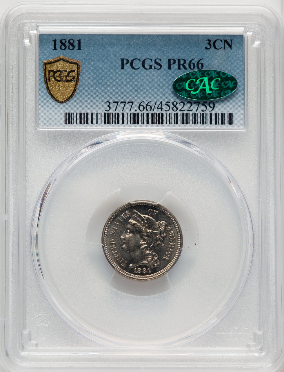 1881 3CN CAC Proof Three Cent Nickel PCGS PR66