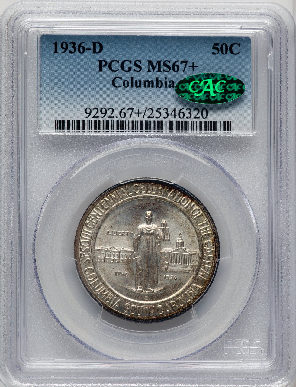 1936-D 50C Columbia CAC Commemorative Silver PCGS MS67+ (774501025)