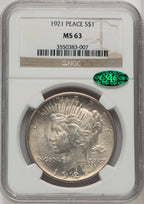 1921 Peace CAC Peace Dollar NGC MS63