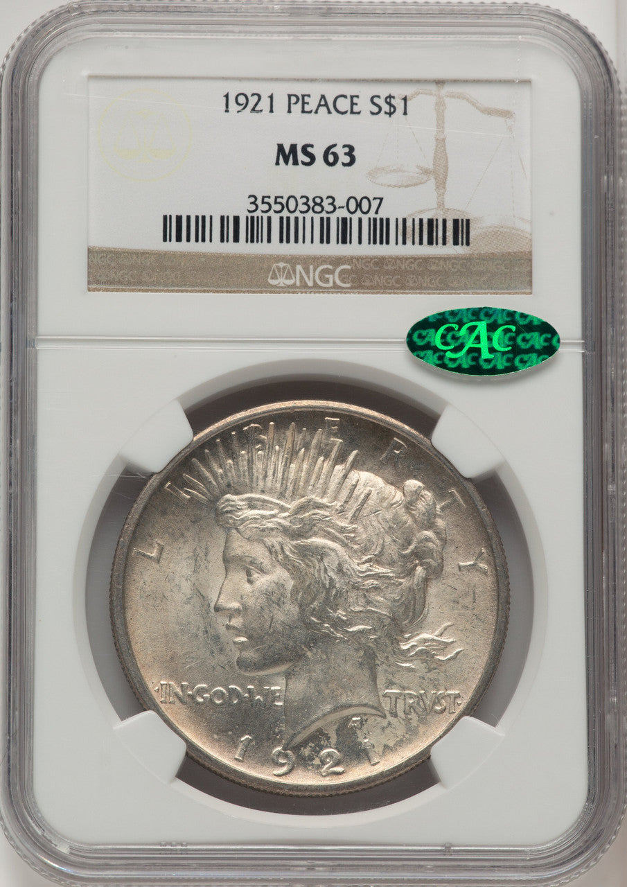1921 Peace CAC Peace Dollar NGC MS63