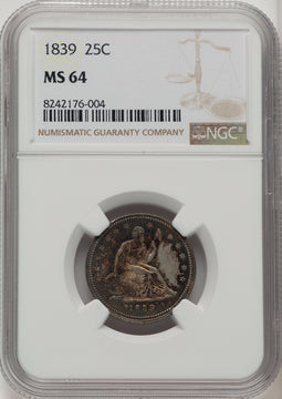 1839 25C NO DRAPERY Seated Quarter NGC MS64