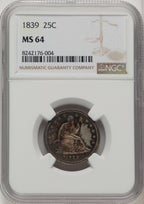 1839 25C NO DRAPERY Seated Quarter NGC MS64