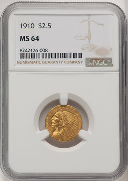1910 $2.50 Indian Quarter Eagle NGC MS64 (520223018)