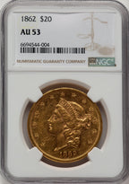 1862 $20 Liberty Double Eagle NGC AU53