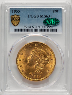 1855 $20 CAC Liberty Double Eagle PCGS MS63+