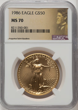 1986 $50 One-Ounce Gold Eagle Saint Gaudens Label NGC MS70