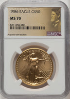 1986 $50 One-Ounce Gold Eagle Saint Gaudens Label NGC MS70
