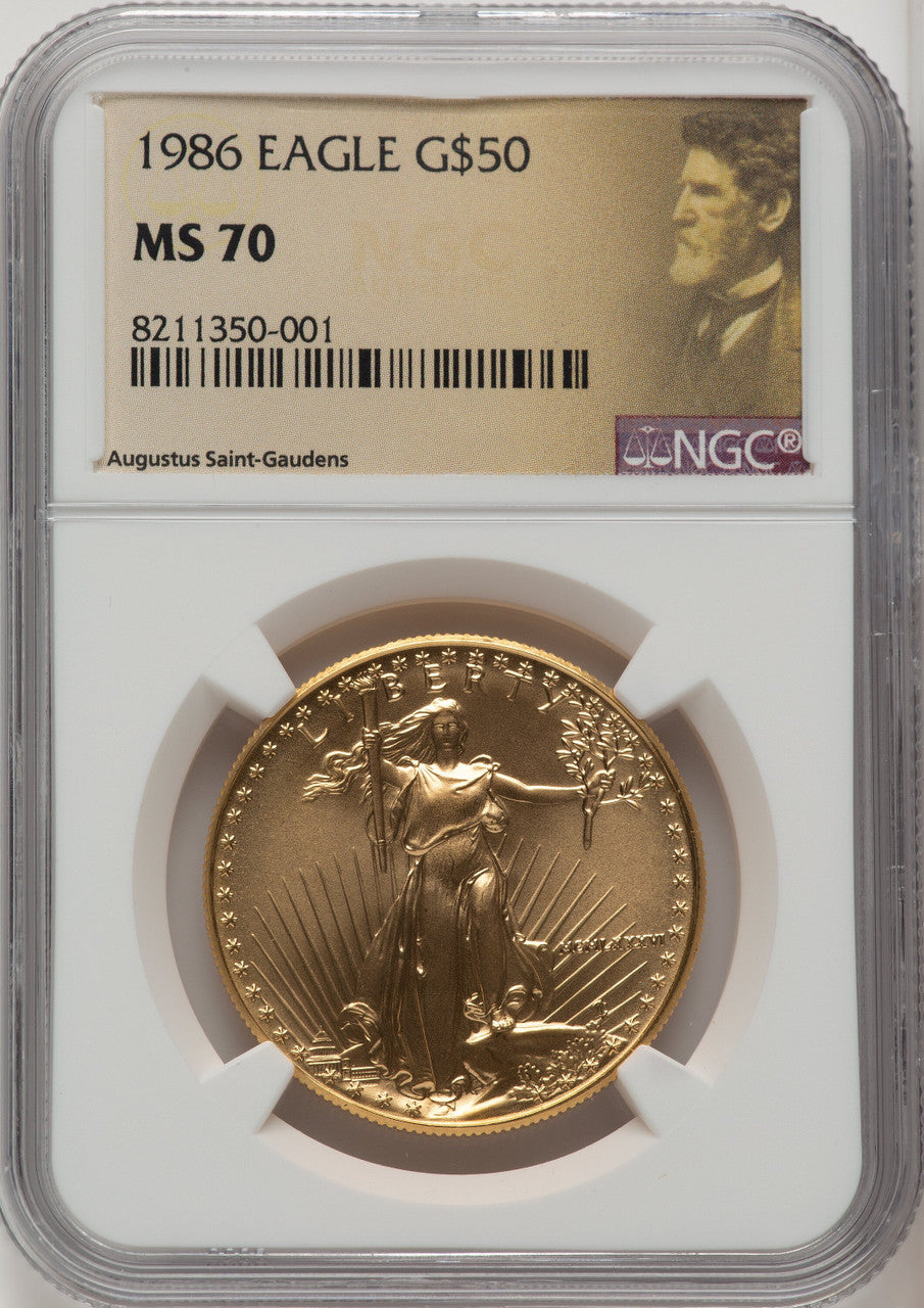 1986 $50 One-Ounce Gold Eagle Saint Gaudens Label NGC MS70