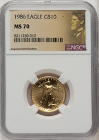 1986 $10 Quarter-Ounce Gold Eagle Saint Gaudens Label NGC MS70