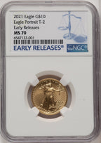 2021 $10 Quarter Ounce Gold Eagle Type Two First Strike ER Blue NGC MS70