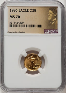 1986 $5 Tenth-Ounce Gold Eagle Saint Gaudens Label NGC MS70