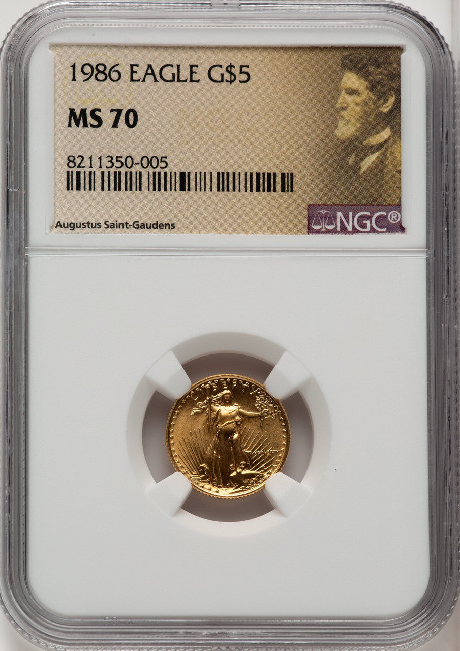 1986 $5 Tenth-Ounce Gold Eagle Saint Gaudens Label NGC MS70
