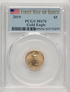 2019 $5 Tenth Ounce Gold Eagle First Day of Issue FS Flag PCGS MS70