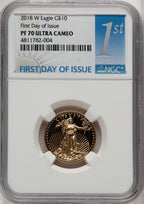 2018-W G$10 Quarter Ounce Gold Eagle First Day of Issue FDI 1ST NGC PF70