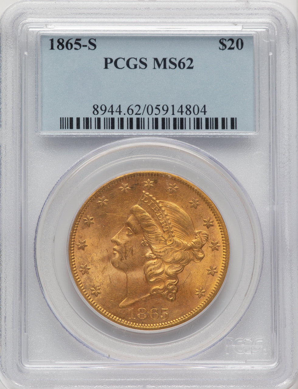 1865-S $20 Liberty Double Eagle PCGS MS62