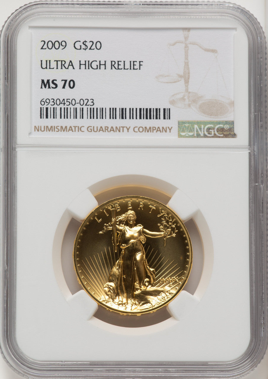 2009 $20 Ultra High Relief Brown Label NGC MS70
