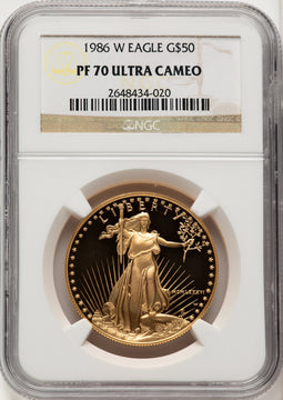 1986-W $50 One-Ounce Gold Eagle Brown Label NGC PF70