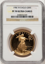 1986-W $50 One-Ounce Gold Eagle Brown Label NGC PF70