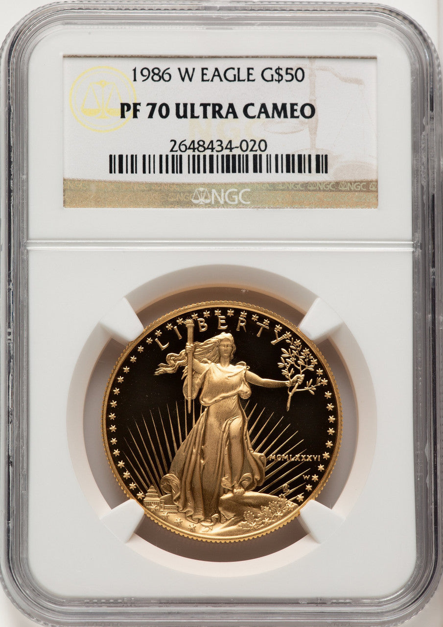 1986-W $50 One-Ounce Gold Eagle Brown Label NGC PF70