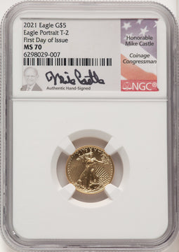 2021 $5 Tenth Ounce Gold Eagle Type Two FDI FDI Mike Castle NGC MS70