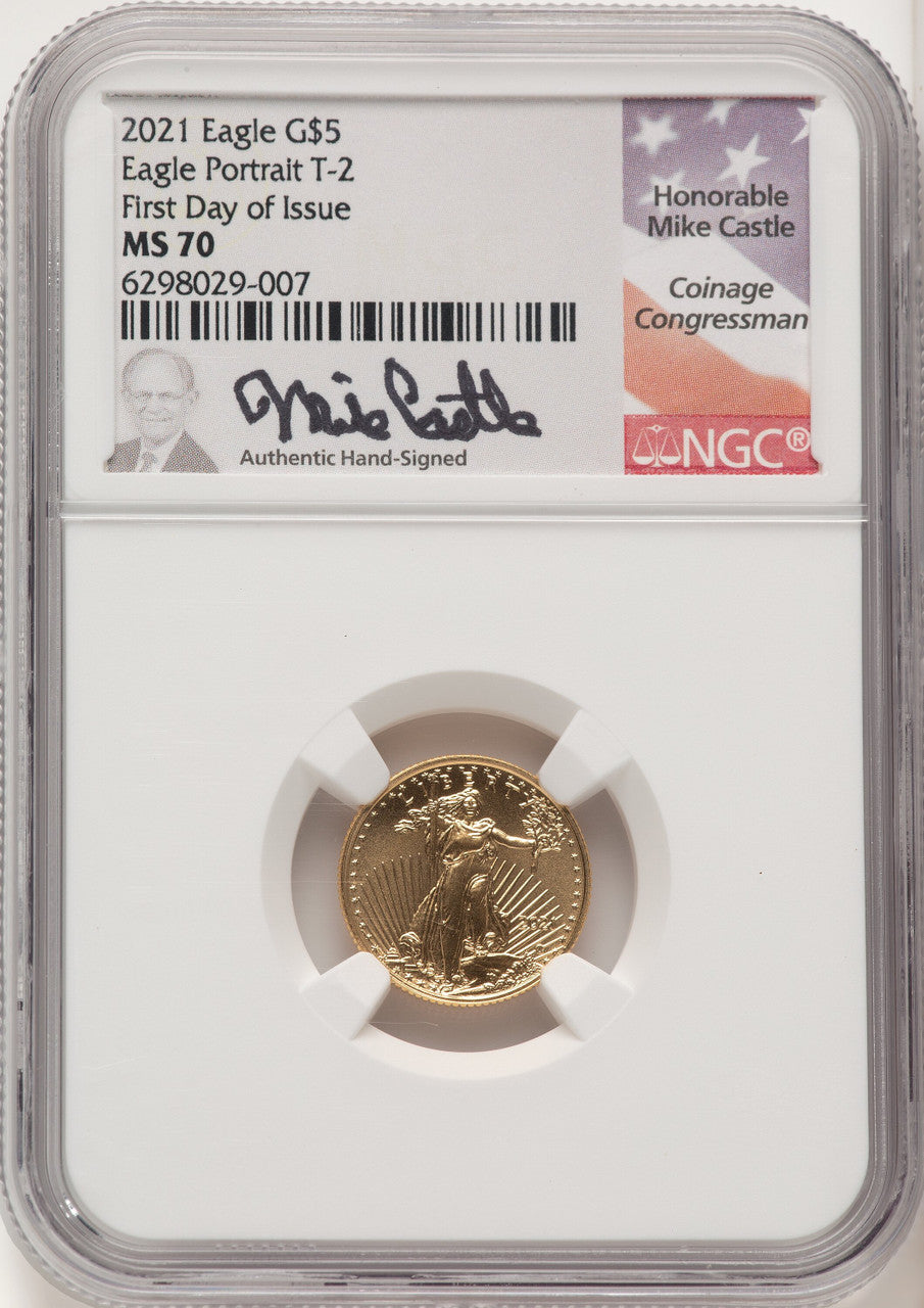 2021 $5 Tenth Ounce Gold Eagle Type Two FDI FDI Mike Castle NGC MS70