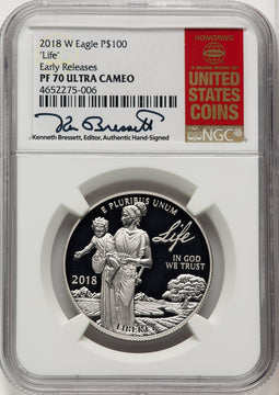 2018-W $100 One Ounce Platinum Eagle Life First Strike ER Kenneth Bressett Red Book NGC PF70