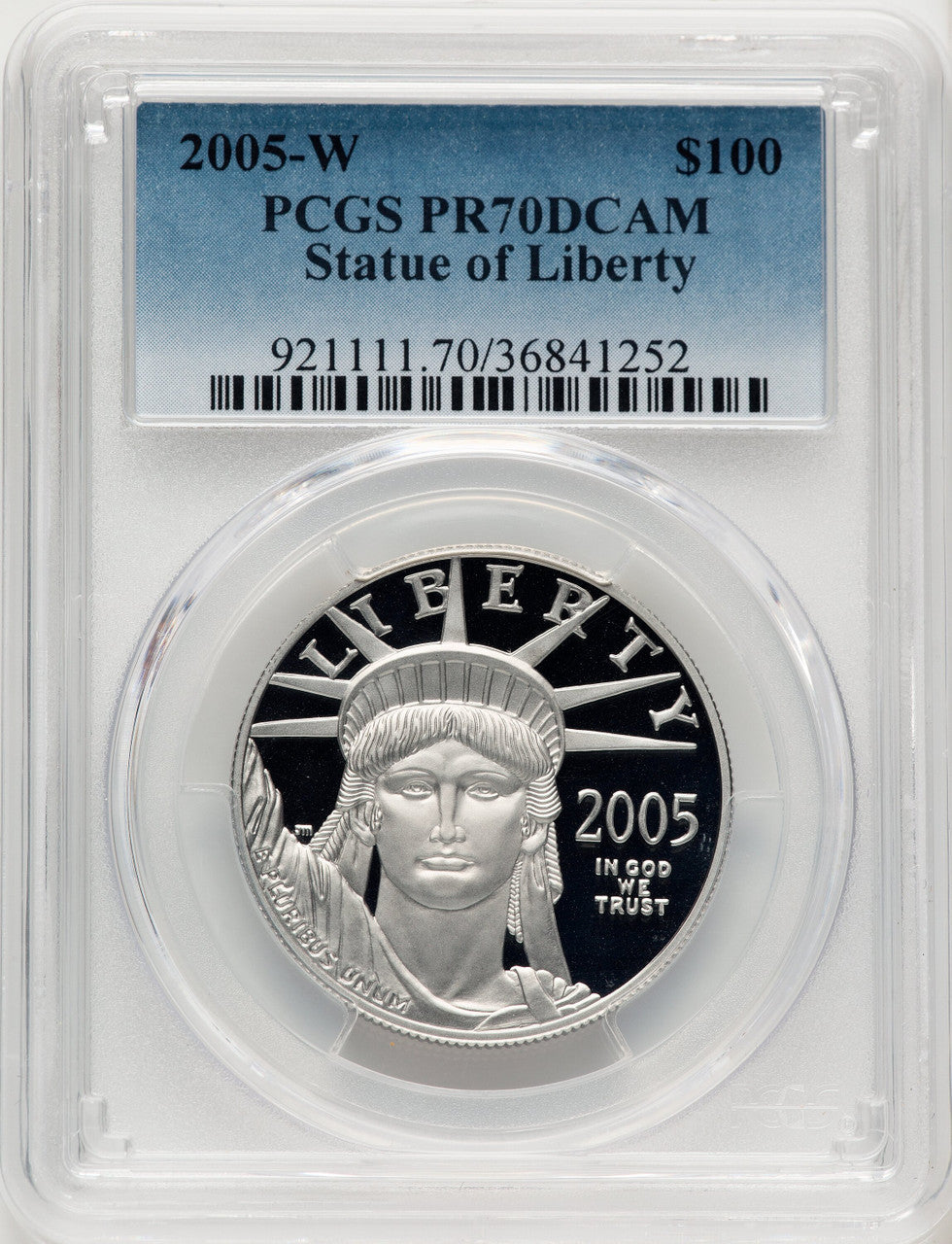 2005-W $100 One-Ounce Platinum Eagle Statue of Liberty Blue Gradient PCGS PR70