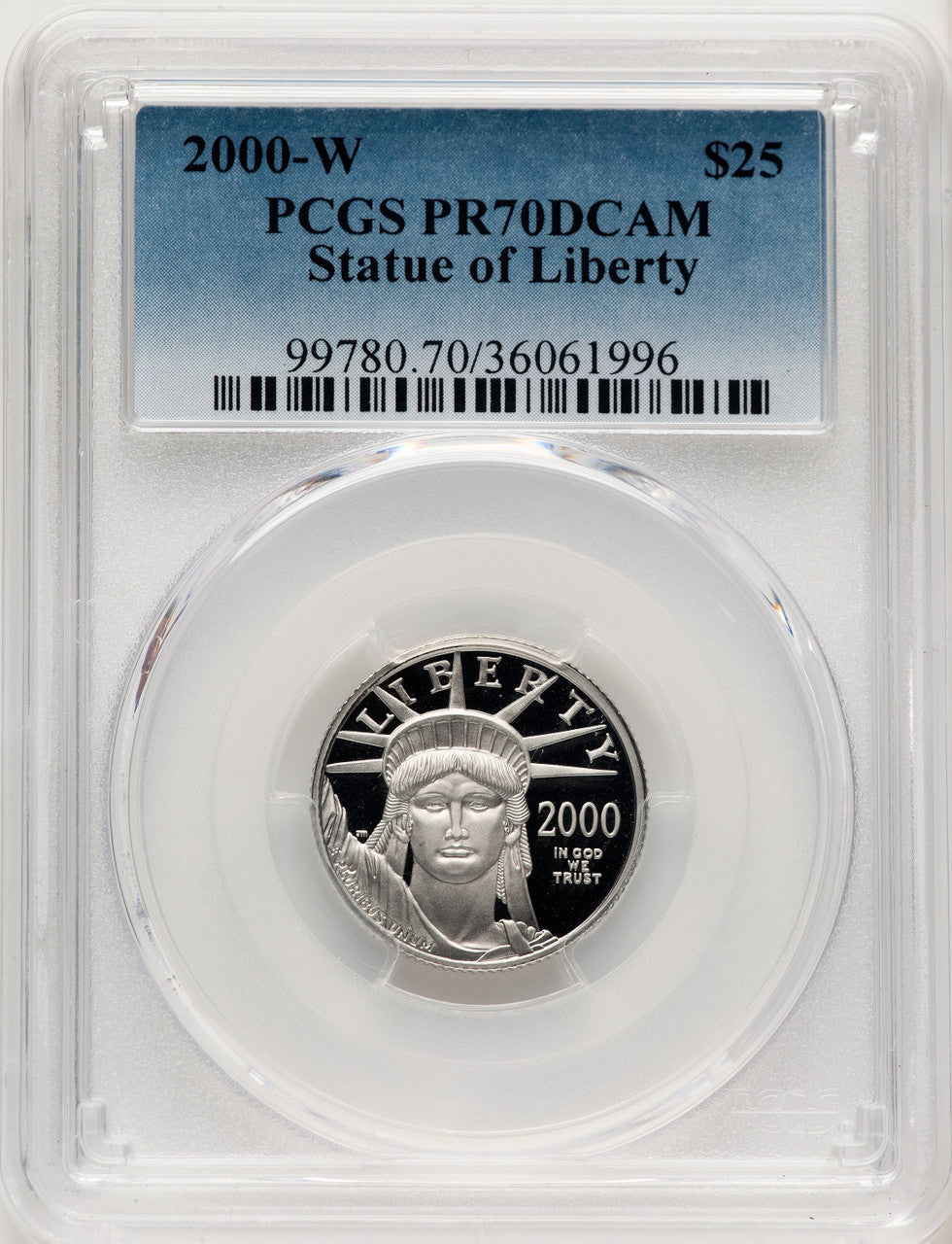 2000-W $25 Quarter-Ounce Platinum Eagle Statue of Liberty Blue Gradient PCGS PR70