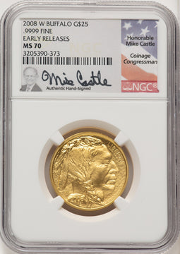 2008-W $25 Half-Ounce Burnished Gold Buffalo First Strike ER Mike Castle NGC MS70