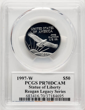 1997-W $50 Half-Ounce Platinum Eagle Mint Engraver Serires Mercanti Flag Reagan Legacy Series PCGS PR70