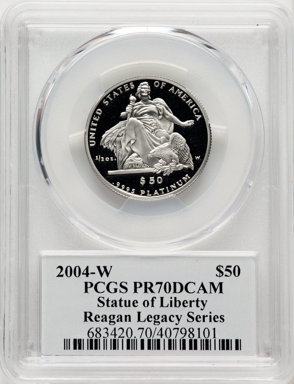 2004-W P$50 Half-Ounce Platinum Eagle Statue of Liberty Michael Reagan Reagan Legacy Series PCGS PR70