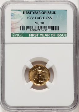 1986 $5 Tenth-Ounce Gold Eagle First Year of Issue Label From US Mint Sealed Box NGC MS70