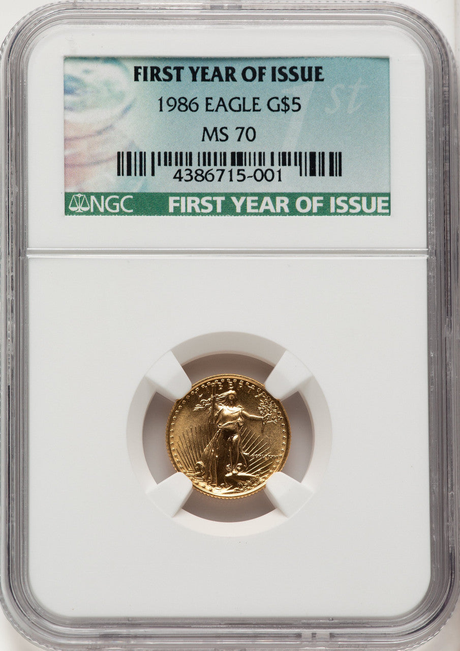 1986 $5 Tenth-Ounce Gold Eagle First Year of Issue Label From US Mint Sealed Box NGC MS70
